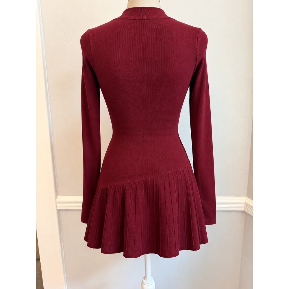 MESHKI Blair Long Sleeve Knit Pleated Mini Dress Burgundy - Size S / NWOT - Picture 6 of 9